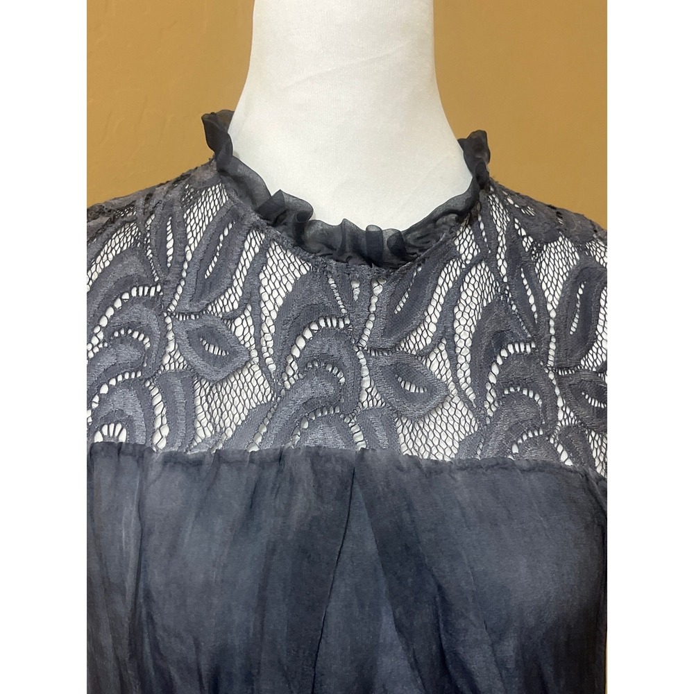 100% Silk Made in Italy Floral Lace Ruffle Neck Sleeveless Blouse Slate Blue M - Picture 2 of 6